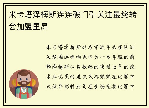 米卡塔泽梅斯连连破门引关注最终转会加盟里昂